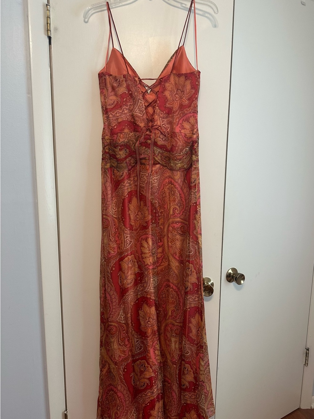 Dave & Johnny Rust Red & Gold Paisley Lace-Up Satin Maxi Dress